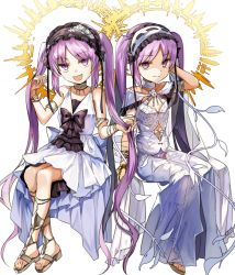 Rule 34 | 2girls, :d, arm behind head, bare arms, bare shoulders, bonnet, bow, bracelet, choker, dress, euryale (fate), euryale (third ascension) (fate), fate/grand order, fate/hollow ataraxia, fate (series), flat chest, full body, hairband, halo, jewelry, lolita hairband, long hair, looking at viewer, manarou, multiple girls, necklace, open mouth, parted bangs, purple eyes, purple hair, sandals, see-through, siblings, simple background, sisters, sitting, sleeveless, sleeveless dress, smile, stheno (fate), stheno (third ascension) (fate), twins, twintails, very long hair, white background, white dress