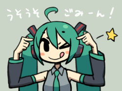 Rule 34 | ;q, ahoge, chan co, detached sleeves, green hair, hatsune miku, headphones, long hair, necktie, one eye closed, solo, star (symbol), tongue, tongue out, twintails, vocaloid, vocaran sagi (vocaloid), wink