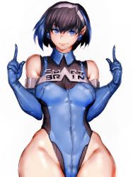 Rule 34 | 1girl, bare shoulders, black hair, blue eyes, blue gloves, blue hair, breasts, cameltoe, commentary request, covered erect nipples, covered navel, earrings, elbow gloves, eyeshadow, fumio (rsqkr), gloves, groin, hairband, highleg, highleg leotard, highres, jewelry, kamen rider, kamen rider 555, leotard, lips, looking at viewer, makeup, multicolored hair, pointing, pointing up, short hair, smart lady, smile, solo, thick thighs, thighs, wide hips