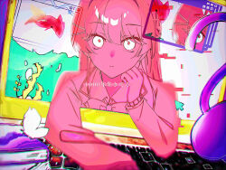 1000-nen_ikiteru_(vocaloid) 1girl blunt_bangs blurry book bow bowtie bug butterfly cardigan cat_tail closed_mouth collared_shirt commentary_request computer computer_keyboard cursor depth_of_field expressionless fish glitch hair_ornament hairclip hand_on_own_chin highres hime_cut insect iroha_(iroha_xox_) laptop limited_palette long_hair long_sleeves looking_at_viewer monitor nijisanji pink_theme pixels school_uniform seaweed shirt solo song_name staring tail through_medium through_screen tsukino_mito tsukino_mito_(1st_costume) upper_body virtual_youtuber white_eyes window_(computing)