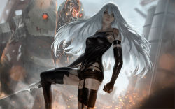 Rule 34 | 1girl, after battle, android, black gloves, black shorts, clenched hand, dirty, elbow gloves, gloves, joints, long hair, looking at viewer, machine (nier), mole, mole under mouth, nier (series), nier:automata, raikoart, revision, robot joints, serious, short shorts, shorts, solo, sword, thighhighs, weapon, a2 (nier:automata)