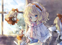 Rule 34 | 1girl, alice margatroid, blonde hair, blue dress, blue eyes, blue sky, bow, capelet, chair, cloud, cup, day, dress, hair bow, hairband, hourai doll, lolita hairband, looking at viewer, needle, piyokichi, red dress, sewing needle, shanghai doll, sitting, sky, teacup, thread, touhou, window