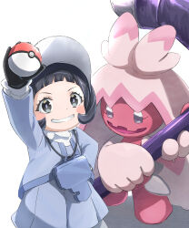 Rule 34 | 1girl, arm up, black eyes, black gloves, black hair, blue cardigan, blue dress, blunt bangs, blush, blush stickers, cardigan, commentary request, creatures (company), dress, eyelashes, game freak, gloves, grey eyes, grin, hammer, hand on own hip, highres, holding, holding hammer, holding poke ball, itsudzumi, key, long sleeves, looking at viewer, nintendo, open cardigan, open clothes, open mouth, pleated dress, poke ball, poke ball (basic), pokemon, pokemon (creature), pokemon sv, poppy (pokemon), shadow, shirt, short hair, simple background, smile, standing, teeth, tinkaton, visor cap, white background, white shirt
