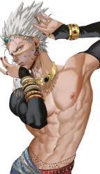 Rule 34 | 1boy, abs, absurdres, alternate costume, arabian clothes, bare pectorals, belly chain, bridal gauntlets, closed mouth, detached sleeves, dudlesnoodles, earrings, eyebrows, garou (one-punch man), gold bracelet, grey hair, hands up, head chain, highres, jewelry, looking at viewer, male focus, mouth veil, muscular, muscular male, nail polish, navel, necklace, nipples, one-punch man, pectorals, pointy ears, red nails, ring, simple background, solo, veil, white background, yellow eyes