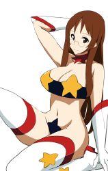 Rule 34 | 1girl, arm behind head, bandeau, boots, breasts, cleavage, cosplay, elbow gloves, glasses, gloves, highres, k-on!, large breasts, long hair, looking at viewer, midriff, navel, simple background, smile, solo, space yoko, star (symbol), strapless, tengen toppa gurren lagann, thigh boots, thighhighs, tonotyama, tube top, white background, white gloves, yamanaka sawako, yoko littner, yoko littner (cosplay)