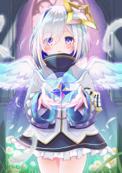 Rule 34 | 1girl, absurdres, amane kanata, angel wings, black shirt, black skirt, blouse, blue bow, blue hair, blush, bow, commentary request, eyes visible through hair, feathered wings, feathers, flower, frilled skirt, frills, hair intakes, hair over one eye, high collar, highres, hilamaru, hololive, jacket, looking at viewer, multicolored hair, parted lips, purple eyes, shirt, skirt, solo, stained glass, two-tone hair, virtual youtuber, white feathers, white flower, white jacket, white wings, wings