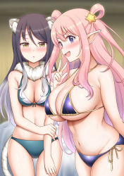 Rule 34 | 2girls, animal ears, bare shoulders, bikini, black hair, blurry, blurry background, blush, breasts, commentary, cowboy shot, from side, gradient hair, hair between eyes, hair ornament, hair rings, hand on own arm, hand up, hatsune (princess connect!), highres, long hair, looking at viewer, medium breasts, micro bikini, multicolored hair, multiple girls, navel, open mouth, parted lips, pointy ears, princess connect!, purple eyes, raised eyebrows, shiori (princess connect!), siblings, side-tie bikini bottom, sisters, star (symbol), star hair ornament, string bikini, sweat, swimsuit, tail, thighs, tiger ears, tiger tail, underboob, v-shaped eyebrows, w, yellow eyes, yue (show-ei)