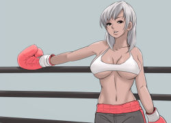 Rule 34 | 1girl, bikini, bikini top only, boxing, boxing gloves, boxing ring, breasts, dark skin, grin, large breasts, midriff, navel, shorts, simple background, smile, solo, swimsuit, white hair