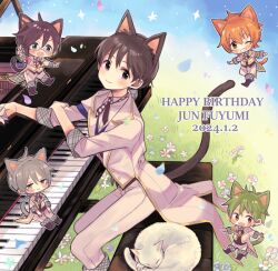 Rule 34 | 5boys, ahoge, akiyama hayato, animal, animal ears, aqua armband, armband, babui 4, birthday, black footwear, black hair, blue armband, blue eyes, blue flower, blue petals, blush stickers, boots, cat, cat boy, cat ears, cat tail, character name, chibi, closed mouth, collared jacket, color coordination, commentary, cross tie, curled up, dated, english text, falling petals, field, flower, formal, fuyumi jun, glasses, gloves, grand piano, grass, green armband, green eyes, green hair, grey eyes, grey hair, hair between eyes, half gloves, hands on own thighs, hands up, happy birthday, head tilt, high x joker (idolmaster), idol, idol clothes, idolmaster, idolmaster side-m, instrument, iseya shiki, jacket, light blush, long sleeves, looking at viewer, looking to the side, matching outfits, medium bangs, multiple boys, nature, on stool, one eye closed, open mouth, orange armband, orange eyes, orange hair, outdoors, pants, petals, piano, pink-framed eyewear, pink flower, pink petals, plaid, plant, red armband, sakaki natsuki, short hair, sidelocks, sitting, sky, sleeping, smile, solo focus, standing, star (sky), stool, straight hair, suit, tail, wakazato haruna, white pants, white suit, yellow trim