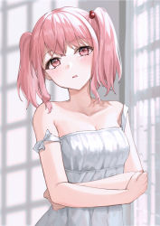 Rule 34 | 1girl, absurdres, arms under breasts, bang dream!, bare shoulders, blush, breasts, cleavage, collarbone, commentary request, curtains, day, hair bobbles, hair ornament, highres, indoors, looking at viewer, maruyama aya, medium breasts, parted lips, pink eyes, pink hair, sidelocks, solo, twintails, ueng, upper body, window