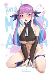 Rule 34 | 1girl, absurdres, acorn, ahoge, anchor symbol, blue hair, blush, breasts, bridal gauntlets, elbow gloves, gloves, halterneck, highres, hololive, khoaphan96, large breasts, long hair, looking at viewer, minato aqua, multicolored hair, navel, purple eyes, purple hair, solo, twintails, two-tone hair, underboob, virtual youtuber