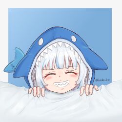 Rule 34 | 1girl, animal hood, blue background, blue hair, closed eyes, commentary, english commentary, fins, fish tail, gawr gura, grey hair, grin, highres, hololive, hololive english, hood, kurohi drw, multicolored hair, shark hood, shark tail, smile, solo, streaked hair, tail, twitter username, two-tone hair, virtual youtuber