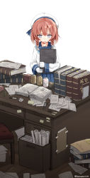 Rule 34 | 10s, 1girl, alcohol, beer, beer can, blue ribbon, blue sailor collar, blue skirt, book, braid, buttons, can, chair, commentary request, desk, diary, drink can, etorofu (kancolle), gloves, hat, highres, kantai collection, long sleeves, messy room, neckerchief, notebook, office, paper, pen, pleated skirt, purple eyes, red hair, ribbon, sailor collar, sailor hat, school uniform, serafuku, short hair, sidelocks, skirt, soda can, solo, sweatdrop, twin braids, twitter username, usui harusame, white gloves, white hat