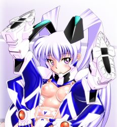Rule 34 | 1girl, animal ears, bodysuit, covered erect nipples, fake animal ears, fortified suit, grey eyes, impossible bodysuit, impossible clothes, muv-luv, muv-luv alternative, out-of-frame censoring, pilot suit, sakura ryuuken, see-through, silver hair, skin tight, solo, twintails, yashiro kasumi