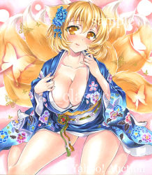 Rule 34 | 1girl, alternate costume, animal ears, artist name, at classics, bare legs, blonde hair, blue kimono, blush, breasts, bug, butterfly, cleavage, closed mouth, floral print, flower, fox ears, fox tail, hair between eyes, hair flower, hair ornament, insect, japanese clothes, kimono, large breasts, long sleeves, looking at viewer, multiple tails, no shoes, obi, print kimono, sample watermark, sash, short hair, sitting, smile, socks, solo, tail, touhou, traditional media, wariza, watermark, white socks, yakumo ran, yellow eyes
