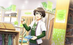 Rule 34 | 1boy, ahoge, akizuki ryo, bag, belt, brown coat, brown footwear, clothes, clover, coat, collarbone, collared shirt, fingernails, four-leaf clover, glasses, glint, green shirt, handbag, highres, idolmaster, idolmaster side-m, idolmaster side-m live on stage!, indoors, jewelry, long sleeves, looking at viewer, male focus, official art, open mouth, plant, shirt, shoes, shop, smile, undershirt, union jack