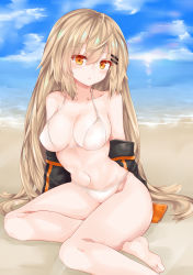 Rule 34 | 1girl, :o, absurdres, arm support, armpits, arms behind back, bare legs, bare shoulders, beach, bikini, blue sky, blush, breasts, brown hair, cleavage, cloud, collarbone, day, eyes visible through hair, girls&#039; frontline, hair ornament, hairclip, head tilt, highres, jacket, large breasts, long hair, looking at viewer, m37 (girls&#039; frontline), m37 (summer parader) (girls&#039; frontline), navel, ocean, off shoulder, official alternate costume, open clothes, open jacket, open mouth, orange eyes, outdoors, ru zhai, sand, sidelocks, sitting, skindentation, sky, solo, stomach, swimsuit, thighs, very long hair, water, white bikini