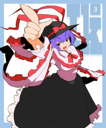 Rule 34 | 1girl, ario, blue hair, female focus, frills, hat, hat ribbon, looking at viewer, nagae iku, open mouth, pointing, pointing up, purple hair, red eyes, ribbon, saturday night fever, shawl, short hair, skirt, smile, solo, touhou