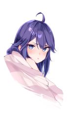 Rule 34 | 1girl, blue eyes, blue hair, blush, cropped torso, hair behind ear, highres, hood, hoodie, indie virtual youtuber, kson, kson (2nd costume), looking at viewer, mole, mole under eye, off shoulder, pink hoodie, pout, solo, souchou, striped clothes, striped hoodie, virtual youtuber, white background, yuyaiyaui
