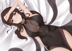 Rule 34 | 1girl, absurdres, arm on own head, armlet, bare shoulders, between thighs, blunt bangs, blush, breasts, brown hair, center opening, covered navel, cowboy shot, dress, dsr-50 (girls&#039; frontline), dsr-50 (highest bid) (girls&#039; frontline), from above, girls&#039; frontline, highres, jewelry, large breasts, long hair, looking at viewer, lying, necklace, official alternate costume, on back, painttool sai (medium), pelvic curtain, red eyes, rei no himo, see-through, sidelocks, smile, solo, suzishi ovo, very long hair