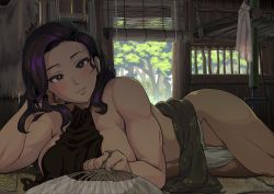 Rule 34 | 1girl, ass, bare shoulders, biceps, black hair, breasts, fundoshi, halterneck, hand fan, ichiren takushou, japanese clothes, large breasts, long hair, looking at viewer, lying, muscular, muscular female, on side, original, scar, scar on face, sideboob, smile, solo, tatami, thighs