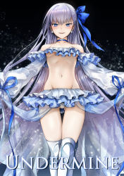 Rule 34 | 1girl, armor, bare shoulders, bikini, black background, blue eyes, blue ribbon, breasts, choker, collarbone, earrings, fate/grand order, fate (series), frilled bikini, frills, greaves, hair between eyes, highres, jewelry, long hair, long sleeves, looking at viewer, meltryllis, meltryllis (fate), meltryllis (swimsuit lancer) (fate), meltryllis (swimsuit lancer) (third ascension) (fate), mintes, navel, open mouth, prosthesis, prosthetic leg, puffy sleeves, purple hair, ribbon, sarong, sleeves past fingers, sleeves past wrists, small breasts, smile, solo, swimsuit, thighs, very long hair
