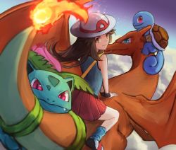 Rule 34 | 1girl, blue eyes, blue shirt, brown eyes, brown hair, charizard, closed mouth, cloud, commentary, creatures (company), fang, fang out, fiery tail, flame-tipped tail, flying, from behind, game freak, gen 1 pokemon, hat, ippers, ivysaur, leaf (pokemon), leg warmers, long hair, looking at viewer, looking back, miniskirt, nintendo, outdoors, pink eyes, pleated skirt, pokemon, pokemon (creature), pokemon frlg, red skirt, riding, riding pokemon, shirt, skirt, sleeveless, sleeveless shirt, smile, squirtle, sun hat, super smash bros., sweatband, tail, white headwear