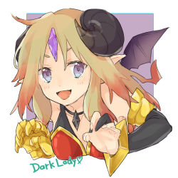 Rule 34 | 1girl, :d, ahoge, armlet, bare shoulders, bat wings, biscuit x, blonde hair, blue eyes, blush, bracer, character name, collarbone, demon girl, demon horns, forehead jewel, gauntlets, heart, horns, leaning, leaning forward, looking at viewer, lowres, multicolored eyes, open mouth, pointy ears, purple eyes, puzzle &amp; dragons, smile, solo, text focus, wicked lady (p&amp;d), wings