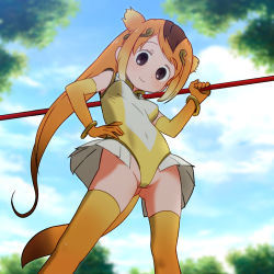 Rule 34 | 10s, 1girl, animal ears, blonde hair, circlet, dutch angle, elbow gloves, gloves, gluteal fold, golden snub-nosed monkey (kemono friends), hand on own hip, high ponytail, highres, holding, holding staff, kemono friends, leotard, long hair, monkey ears, monkey tail, multicolored hair, orange hair, ponytail, sat-c, skirt, solo, staff, tail, thighhighs