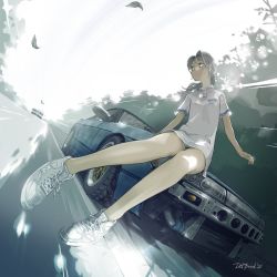 Rule 34 | artist name, car, commentary, copyright request, english commentary, grey hair, highres, jettoburikku, leaf, long hair, motor vehicle, nissan, nissan s13 silvia, nissan silvia, no pants, outdoors, road, shirt, shoes, short sleeves, sneakers, solo, vehicle request, watermark, white footwear, white shirt