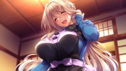 Rule 34 | 1girl, adjusting hair, amakano 2, azarashi soft, blonde hair, blush, breasts, closed eyes, female focus, from below, game cg, hair between eyes, hand up, happy, highres, indoors, large breasts, long hair, long sleeves, open mouth, piromizu, purple ribbon, ribbon, sitting, smile, solo, tsutamachi chitose