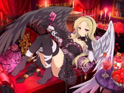 Rule 34 | 1girl, angel wings, black thighhighs, black wings, blonde hair, breasts, candle, cellphone, cleavage, couch, cup, feet, female focus, flower, gloves, hair ornament, hairclip, halo, highres, japanese clothes, juice, kimono, knees, knees together feet apart, legs, legs together, long hair, looking at viewer, lying, miniskirt, mole, mole under mouth, official art, petals, phone, pillow, red eyes, rose, rose petals, selfie pose, senran kagura, shiki (senran kagura), skirt, smartphone, smile, solo, thick thighs, thighhighs, thighs, tomato, tomato juice, white wings, wings, yaegashi nan, yukata
