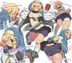 Rule 34 | 1boy, androgyne symbol, aqua eyes, ass, bike shorts, black skirt, blonde hair, bridget (guilty gear), bulge, chris (mario), closed mouth, english text, fingerless gloves, gloves, guilty gear, guilty gear strive, highres, hood, hood down, hood up, jacket, looking at viewer, male focus, mars symbol, multiple views, one eye closed, open mouth, shirt, shoes, simple background, skirt, solo, tape measure, thighs, trap, venus symbol, white background