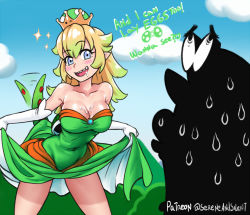 Rule 34 | 1boy, 1girl, bare shoulders, blonde hair, blue eyes, blush stickers, breasts, cappy (mario), cleavage, clothes lift, cloud, collarbone, crown, day, dress, dress lift, drooling, elbow gloves, english text, gloves, gradient hair, green dress, large breasts, mario, mario (series), multicolored hair, nervous sweating, new super mario bros. u deluxe, nintendo, pointy ears, pussy juice, saliva, sereneandsilent, sharp teeth, silhouette, smile, sparkle, super crown, super mario odyssey, sweat, tail, tail wagging, teeth, yoshi