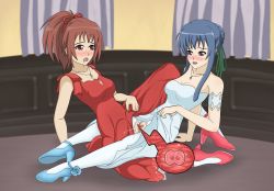Rule 34 | 2girls, absurdres, aoi nagisa, arm support, blue footwear, blue hair, blue necklace, blush, breasts, clothed sex, clothes lift, couple, cross-section, dress, dress lift, eye contact, female fertilization, fertilization, flower, green ribbon, hair bun, hair ornament, high heels, highres, impregnation, jewelry, leaning back, long hair, looking at another, medium breasts, multiple girls, necklace, no panties, ovum, pantyhose, pussy juice, red dress, red footwear, red hair, red necklace, red ribbon, ribbon, setrakian draws, shoes, single hair bun, strawberry panic!, suzumi tamao, torn clothes, torn legwear, tribadism, u00e9toile, uncensored, white dress, yuri
