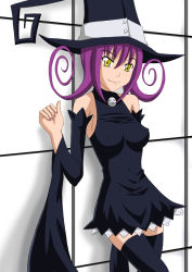 Rule 34 | 00s, blair (soul eater), fang, hat, muku, purple hair, solo, soul eater, thighhighs, witch hat, yellow eyes