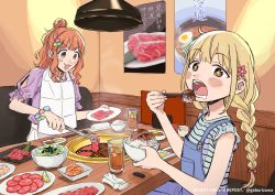 Rule 34 | 2girls, :3, blonde hair, bowl, braid, brown eyes, chopsticks, commentary request, cooking, eating, food, futaba anzu, gaburizawa, griddle, grill, grilling, hair bun, hair ornament, highres, holding, holding chopsticks, holding plate, idolmaster, idolmaster cinderella girls, long hair, looking at viewer, low twin braids, low twintails, meat, moroboshi kirari, multiple girls, open mouth, orange hair, overalls, plate, poster (object), restaurant, rice bowl, single hair bun, star (symbol), star hair ornament, tongs, twin braids, twintails, yakiniku