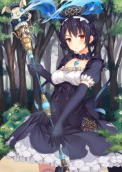 Rule 34 | &gt;:(, 1girl, alice (sinoalice), bad id, bad pixiv id, black dress, black gloves, black hair, black hat, black ribbon, blue fire, blush, breasts, buttons, closed mouth, collarbone, commentary request, cowboy shot, day, double-breasted, dress, elbow gloves, fire, fog, forest, frilled dress, frills, frown, gem, gloves, hair ribbon, hat, heart, holding, holding staff, jewelry, medium breasts, nature, neck garter, outdoors, pendant, puffy short sleeves, puffy sleeves, red eyes, ribbon, serious, short hair, short sleeves, sinoalice, solo, staff, standing, usagino suzu, v-shaped eyebrows