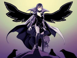 Rule 34 | 1girl, animal, bird, black dress, black footwear, black hair, black ribbon, black thighhighs, black wings, breasts, cape, cleavage, creature, crow, cruccu, detached collar, dress, full body, goth fashion, gradient background, holding, long hair, long sleeves, looking at viewer, original, puffy sleeves, red eyes, ribbon, see-through, shadow, shoes, simple background, solo, standing, thighhighs, upskirt, wings