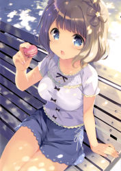 Rule 34 | 1girl, absurdres, arm at side, bench, black bow, blue eyes, blue skirt, blunt bangs, blush, bow, breasts, brown hair, chestnut mouth, collarbone, cowboy shot, dappled sunlight, day, fingernails, flower, girlish number, hair flower, hair ornament, hand up, highres, holding, kugayama yae, legs together, long fingernails, looking at viewer, medium breasts, miniskirt, nail polish, ohara tometa, on bench, open mouth, outdoors, pink nails, platinum blonde hair, shade, shirt, short hair, short sleeves, sitting, skirt, solo, sunlight, teeth, tree shade, upper teeth only, white shirt