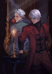 Rule 34 | 2boys, apple, belt, black gloves, blue coat, blue eyes, candle, coat, collarbone, curtains, dante (devil may cry), devil may cry, devil may cry (series), devil may cry 3, different reflection, eyes visible through hair, fire, food, frown, fruit, gloves, hair slicked back, highres, holding, holding food, holding fruit, holdp a, indoors, leaning, leaning back, male focus, mirror, multiple boys, red coat, reflection, silver hair, sleeves rolled up, smile, table, vergil (devil may cry)