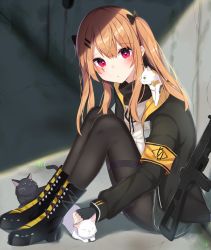 Rule 34 | 1girl, animal, armband, black bow, black cat, black footwear, black gloves, black jacket, black pantyhose, black ribbon, blush, boots, bow, cat, closed mouth, commentary request, day, fingerless gloves, girls&#039; frontline, gloves, grey skirt, gun, h&amp;k ump, h&amp;k ump, hair between eyes, hair bow, head tilt, jacket, light brown hair, long hair, long sleeves, looking at viewer, mizuki ryuu, name connection, neck ribbon, object namesake, on shoulder, open clothes, open jacket, outdoors, pantyhose, pleated skirt, red eyes, ribbon, scar, scar across eye, scar on face, sitting, skirt, solo, twintails, ump9 (girls&#039; frontline), very long hair, weapon, white cat