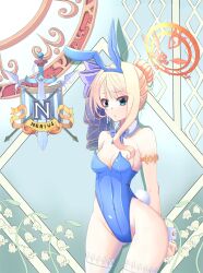 Rule 34 | 1girl, absurdres, alternate costume, animal ears, arms behind back, blonde hair, blue bow, blue bowtie, blue eyes, blue hairband, blue leotard, blush, bow, bowtie, breasts, character name, cleavage, commentary request, contrapposto, covered navel, cowboy shot, crest, detached collar, fake animal ears, fake tail, flower, furrowed brow, hair bow, hair bun, hairband, halo, highres, leotard, lily of the valley, long hair, looking at viewer, medium bangs, nagifujisawa, open mouth, playboy bunny, polearm, purple bow, rabbit ears, rabbit tail, ragnarok online, shadow, single hair bun, single sidelock, small breasts, solo, spear, spica nerius, strapless, strapless leotard, sword, tail, thighhighs, weapon, white flower, white thighhighs, wrist cuffs