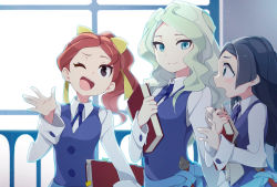 Rule 34 | 10s, 3girls, ;d, barbara parker, black hair, blue eyes, blue necktie, blush, book, collared shirt, diana cavendish, hair ribbon, hannah england, holding, holding book, koshou shichimi, little witch academia, long hair, long sleeves, looking at viewer, multiple girls, necktie, one eye closed, open mouth, ponytail, railing, red hair, ribbon, school uniform, shirt, smile, white hair, window, yellow ribbon