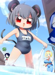 Rule 34 | 4girls, alice margatroid, animal ears, blonde hair, blue dress, blue eyes, blue hair, blue hood, blue sky, blush, breasts, cleavage, closed eyes, colored skin, commentary request, cookie (touhou), cowboy shot, day, dress, dutch angle, flour (cookie), grey hair, grey one-piece swimsuit, hairband, hat, highres, holding, holding hose, holding watermelon, hose, ichigo (cookie), kumoi ichirin, large breasts, lets0020, medium bangs, milk (cookie), mouse ears, mouse girl, mouse tail, multiple girls, murasa minamitsu, nazrin, necktie, nyon (cookie), one-piece swimsuit, open mouth, outdoors, red eyes, red hairband, red necktie, red sash, sash, shirt, short hair, sky, smile, solo focus, swimsuit, tail, touhou, water, white hat, white shirt, white skin
