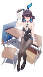 Rule 34 | 1girl, animal ears, arm support, bare shoulders, black leotard, blue hair, blush, bow, breasts, brown eyes, brown hair, brown pantyhose, cleavage, commentary request, desk, detached collar, fake animal ears, full body, high heels, highres, kazenoko, leotard, looking at viewer, multicolored hair, necktie, on desk, original, pantyhose, playboy bunny, rabbit ears, short hair, sitting, on desk, solo, strapless, strapless leotard, takamiya arisu, two-tone hair, wrist cuffs