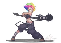 Rule 34 | 1girl, agony (omnizoa), asymmetrical pants, borrowed character, brown footwear, commission, freckles, gloves, guitar, highres, holding, holding instrument, instrument, midriff, multicolored hair, navel, original, parted lips, rainbow hair, second-party source, shadow, shoes, simple background, solo, striped clothes, striped gloves, the pink pirate, transparent background, white background