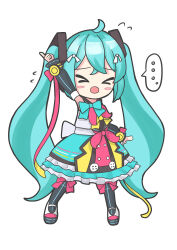 Rule 34 | &gt; &lt;, ..., 1girl, absurdres, ahoge, aqua bow, aqua hair, aqua skirt, arm up, black sleeves, blush stickers, bow, chibi, detached sleeves, flying sweatdrops, full body, greenlights serenade (vocaloid), hair ornament, hair ribbon, hatsune miku, hatsune miku x kodo, highres, hoop skirt, ikraaa 204, magical mirai (vocaloid), magical mirai miku, magical mirai miku (2018), mute, open mouth, outstretched arm, pink bow, pink ribbon, pointing, ribbon, skirt, solo, speech bubble, spoken ellipsis, twintails, vocaloid, white background, white ribbon, wrist ribbon, yellow bow, yellow ribbon