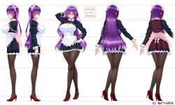 Rule 34 | 1girl, apron, arm up, blue eyes, breasts, character sheet, copyright notice, curvy, food, glasses, hayama kazusa, high heels, highres, large breasts, long hair, maid, maid headdress, multiple views, pantyhose, purple hair, translation request, waffle