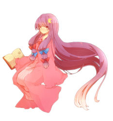 Rule 34 | 1girl, blunt bangs, book, bow, crescent, crescent hair ornament, female focus, hair bow, hair ornament, kurosujuu, long hair, looking at viewer, multiple hair bows, no headwear, open book, patchouli knowledge, pink theme, purple hair, red eyes, robe, sitting, solo, staring, striped, touhou, very long hair